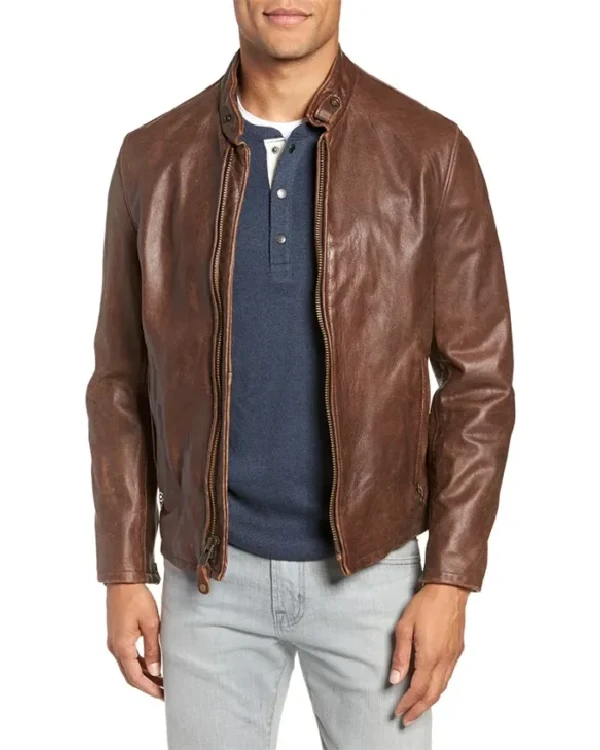 Adam Mens Brown Cafe Racer Moto Leather Jacket For Sale