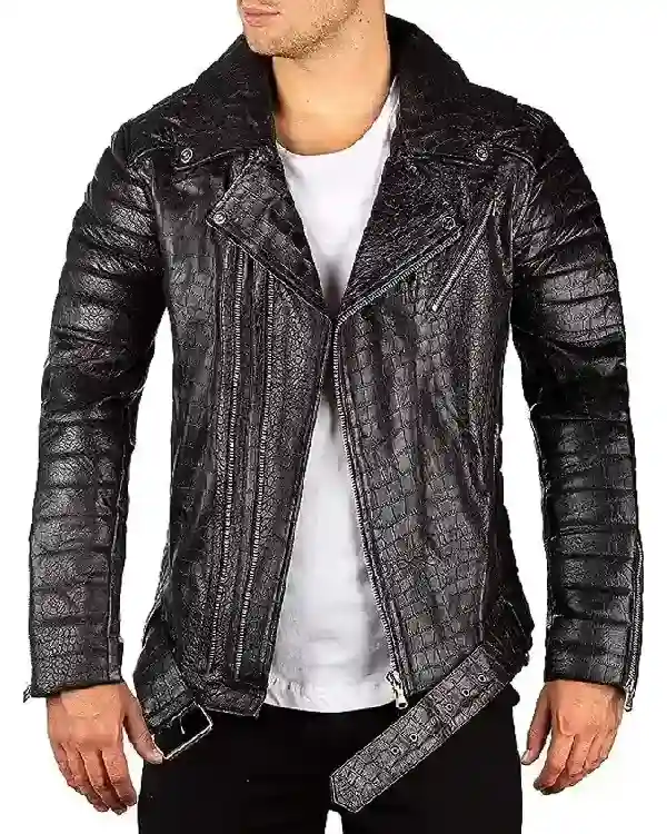 Alan Black Biker Crocodile Skin Leather Jacket