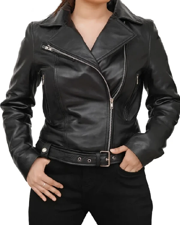 Asymmetrical Leather Black Motorcycle Jacket For Women