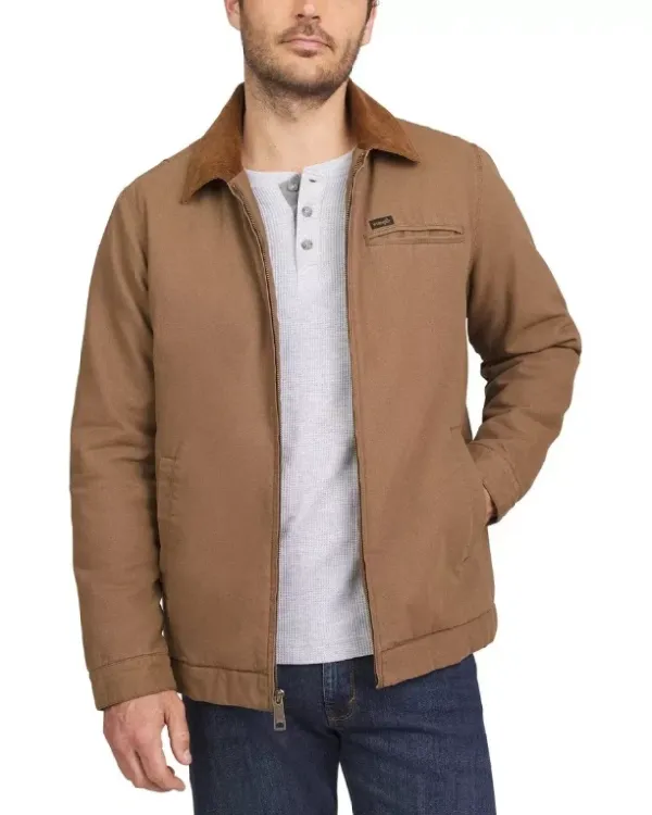 Beige Canvas Work Quilted Lining Corduroy Collar Dark Brown Jacket
