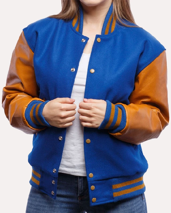 Blue and Gold Leather Sleeves Varsity Jacket