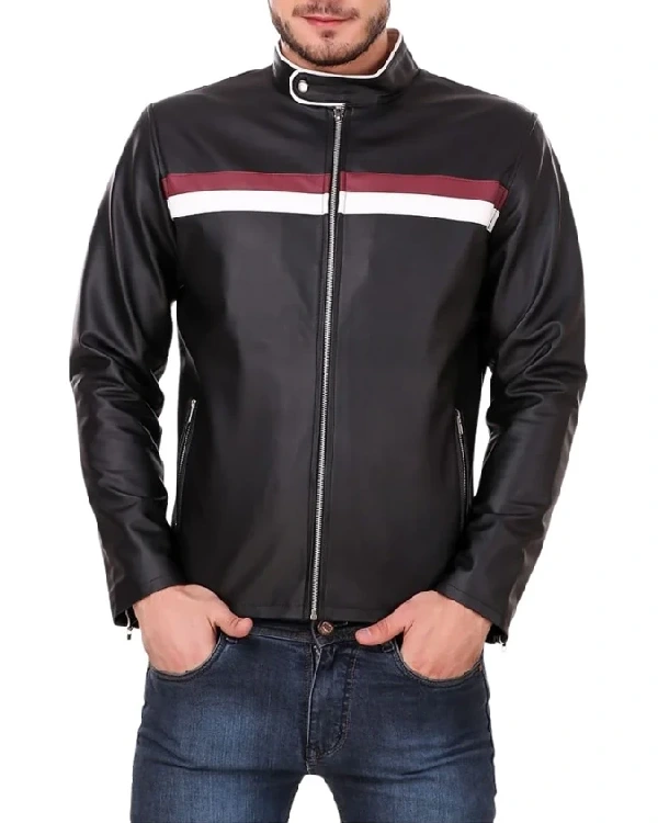 Bruce Black Cafe Racer Leather Jacket with Strips