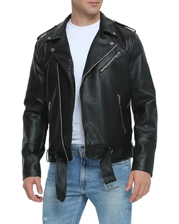 Classic Black Biker Leather Belted Jacket For Men
