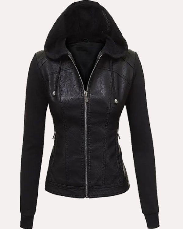 Classic Hooded Black Faux Leather Jacket