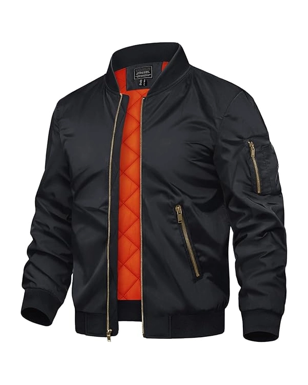 Fall Winter Warm Windbreaker Black Bomber With Full Zip Jacket