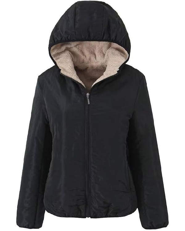 Fleece Lined Zip-Up Quilted Hooded Jacket for Women