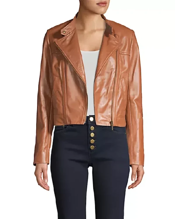 Julia Leather Light Brown Cropped Jacket For Women