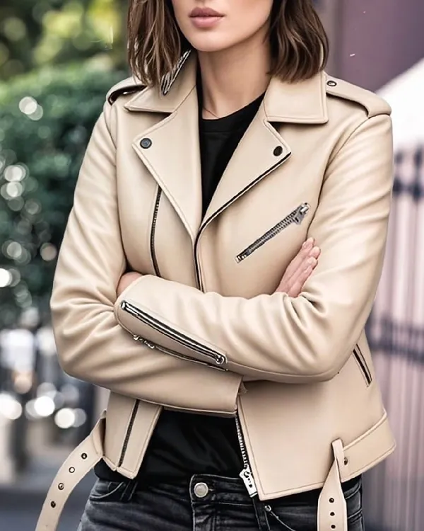 Martha Trendy Style Beige Leather Ladies Biker Jacket