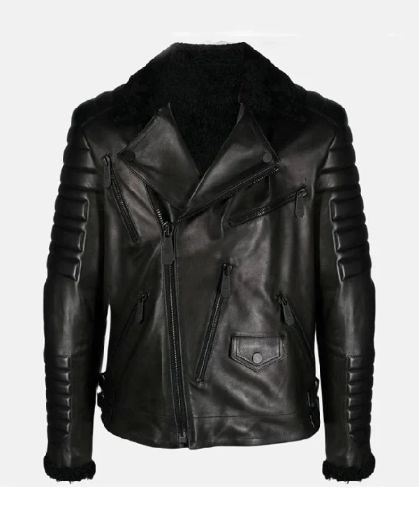 Men Black Leather Biker Jacket With Fur Collar