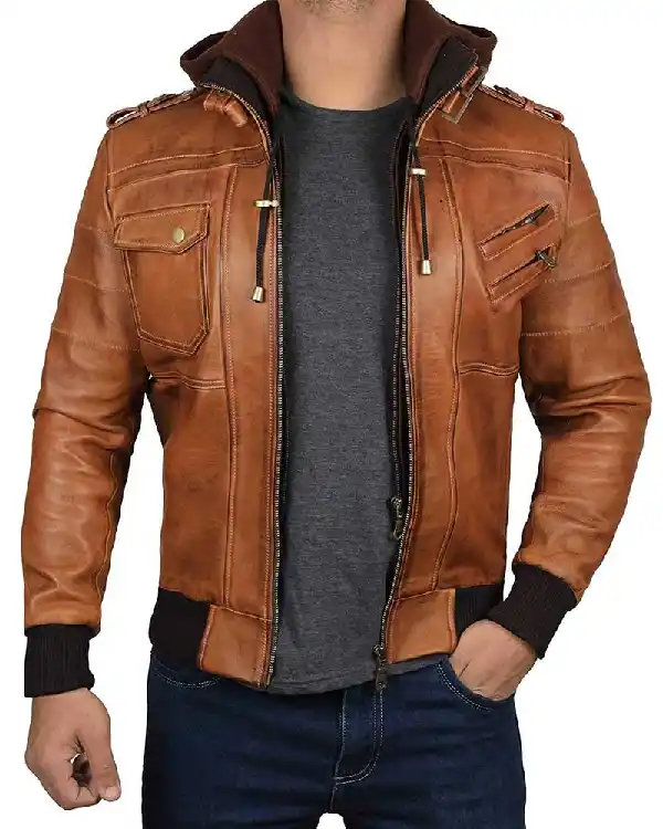 Men Brown Colour Leather Bomber With Hoodeed Jacket