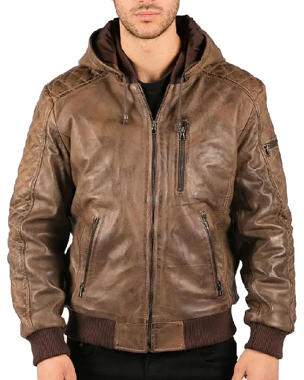 Men Brown Distressed Leather Hooded Bomber Jackets