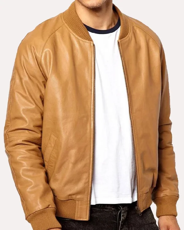 Men Brown Leather Bomber Jacket
