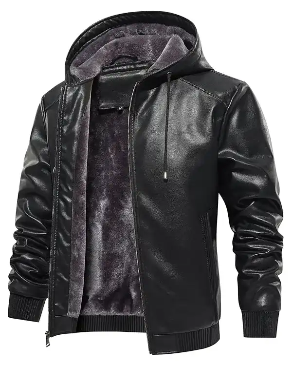 Men Faux Leather Black Fleece Bomber Jacket
