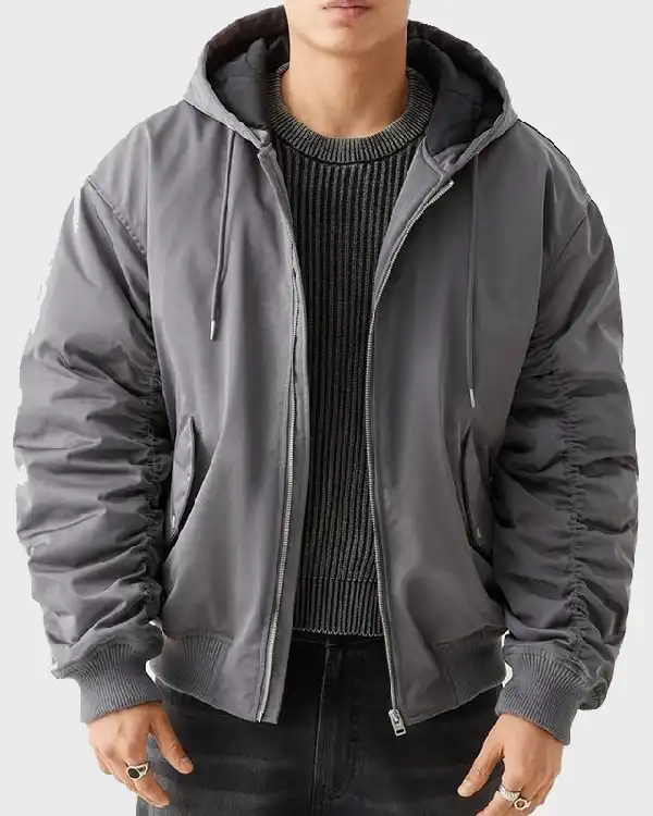 Men Grey Oversize Bomber Hooded Jacket