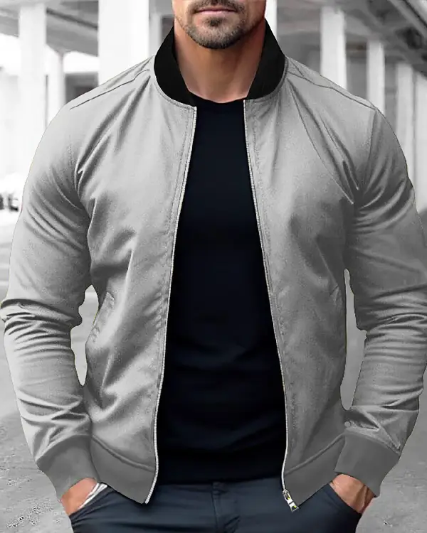 Men Grey Stand Collar Bomber Jackets