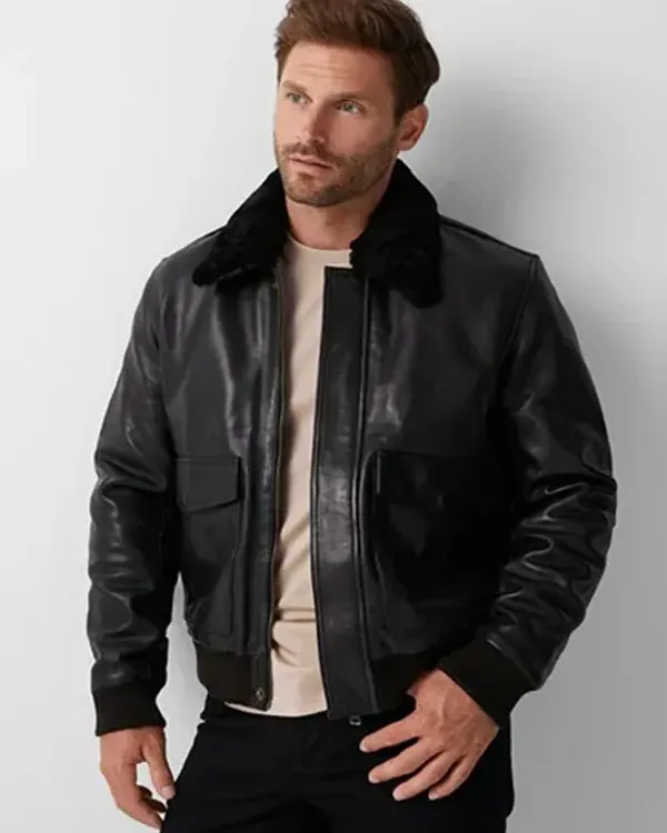 Men Sherpa Black Bomber Leather Jacket