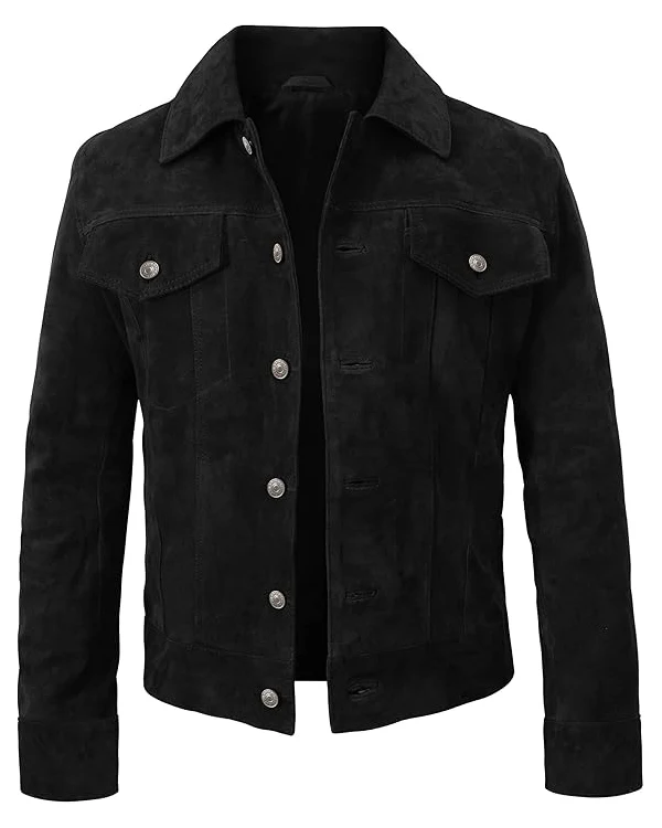 Men Suede Leather Trucker Jacket Vintage Motorcycle Black Jacket