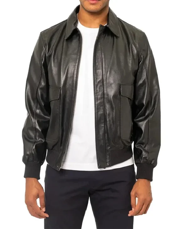 Mens Black Aviator Leather Bomber Jacket