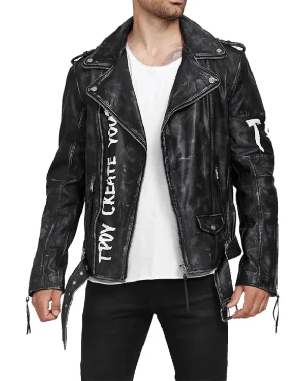 Mens Black Belted Classic Leather Biker Jacket