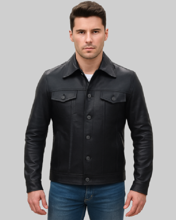 Mens Blake Black Retro Slim Trucker Leather Jacket