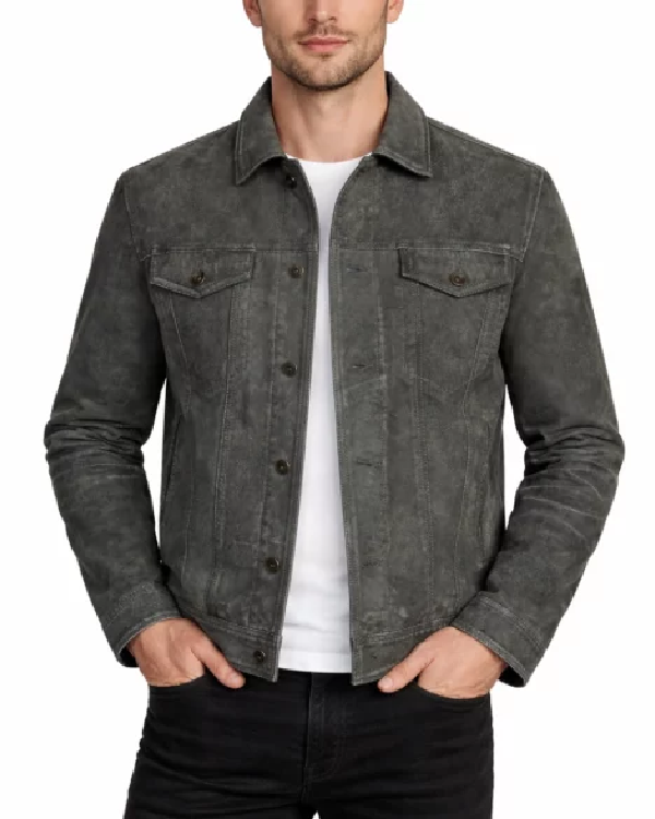 Mens Caleb Grey Leather Trucker Suede Jacket