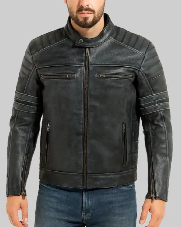 Men’s Dark Gray Distressed Leather Motorcycle Jacket