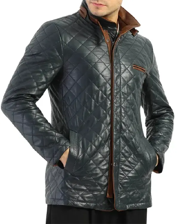Mens Diamond Quilted Black Leather Jacket