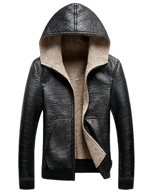 Men’s Distressed Faux Bomber Vintage Hooded Leather Jacket