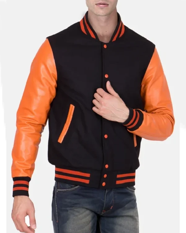 Mens Letterman Causal Orange And Black Jacket