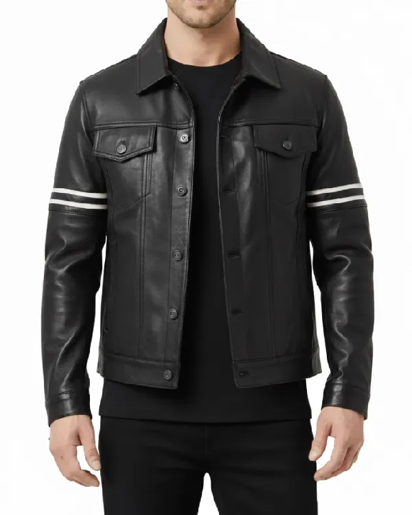 Men's Orvyn Classic Style Black Leather Trucker Jacket