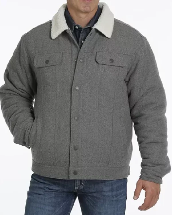 Mens Premium Classic Style Grey Wool Trucker Jacket