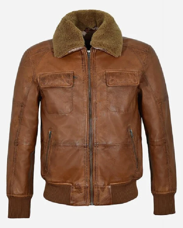 Men’s Premium Style Brown Fur Collar Bomber Jacket
