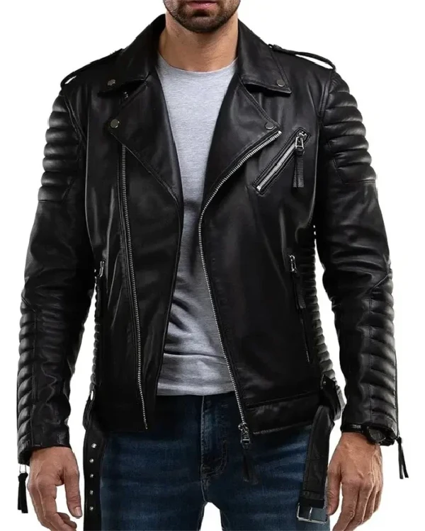 Mens Quilted Biker Leather Black Jacket For Sale