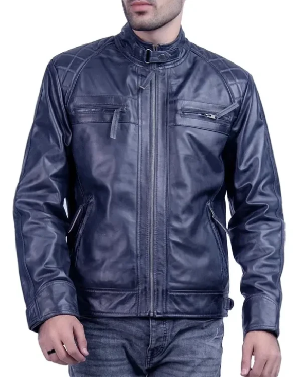 Mens Quilted Blue Cafe Racer Biker Leather Jacket