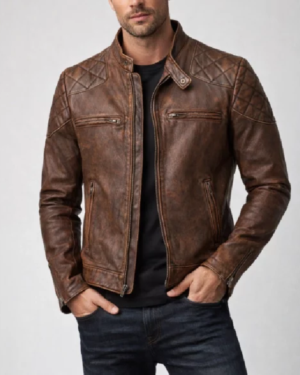 Men's Quilted Brown Motorcycle Leather Distressed Jacket