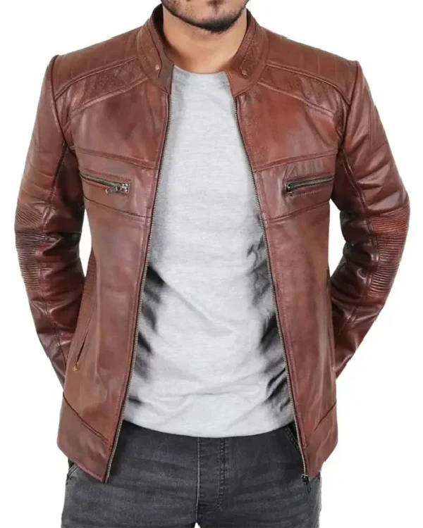 Mens Slim Fit Dean Brown Leather Biker Jacket