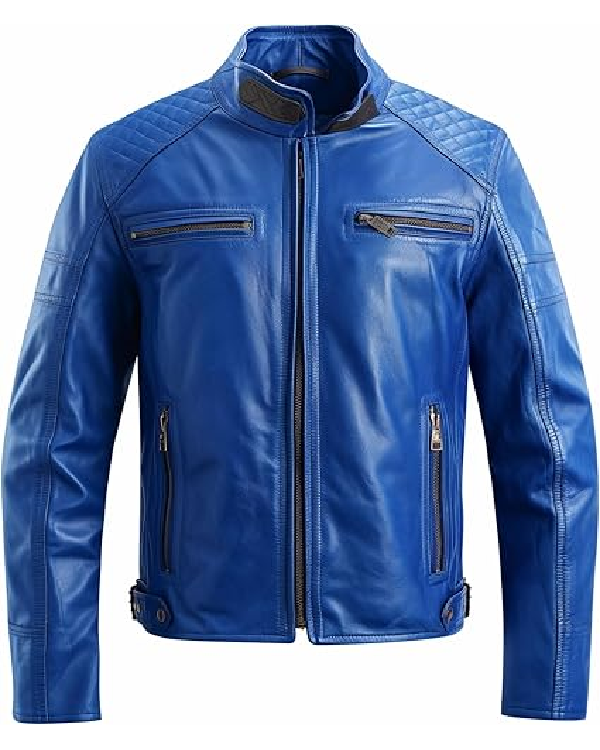 Mens Vintage Lambskin Blue Leather Biker Jacket