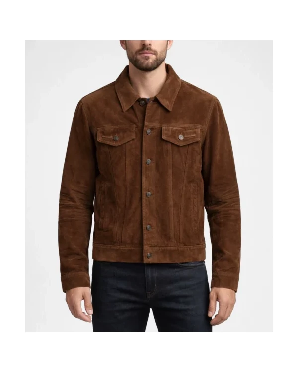 Mens Western Style Dark Brown Suede Trucker Jacket