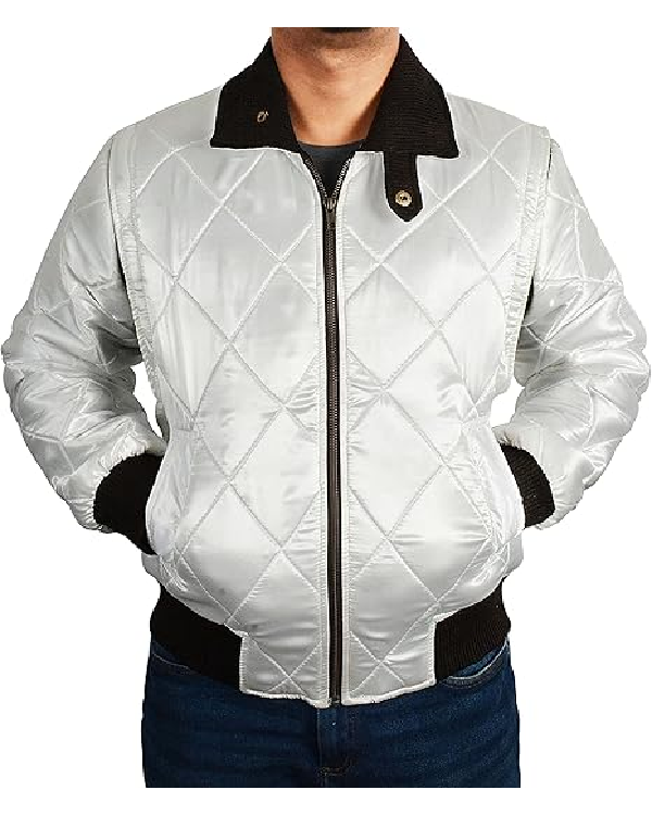 Men's White Quilted Satin Bomber Jacket