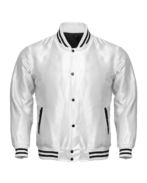 Mens White Satin Bomber Varsity Jacket