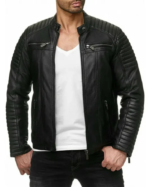 Michael Mens Black Cafe Racer Leather Biker Jacket