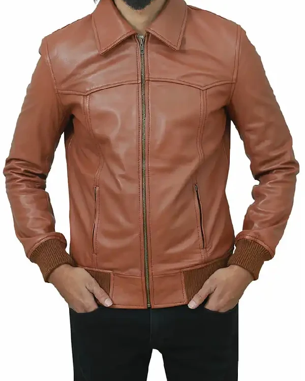 Nathan Brown Bomber Leather Jacket For Men