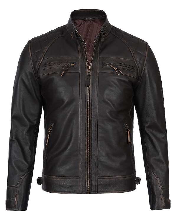 Order Now Charles Men’s Quilted Voguish Brown Biker Distressed Leather Jacket For Sale