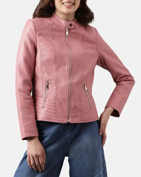 Pink Racer Biker Leather Jacket For Womens