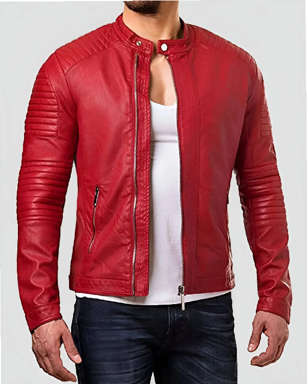 Red Biker Quilted Leather Jacket For Men