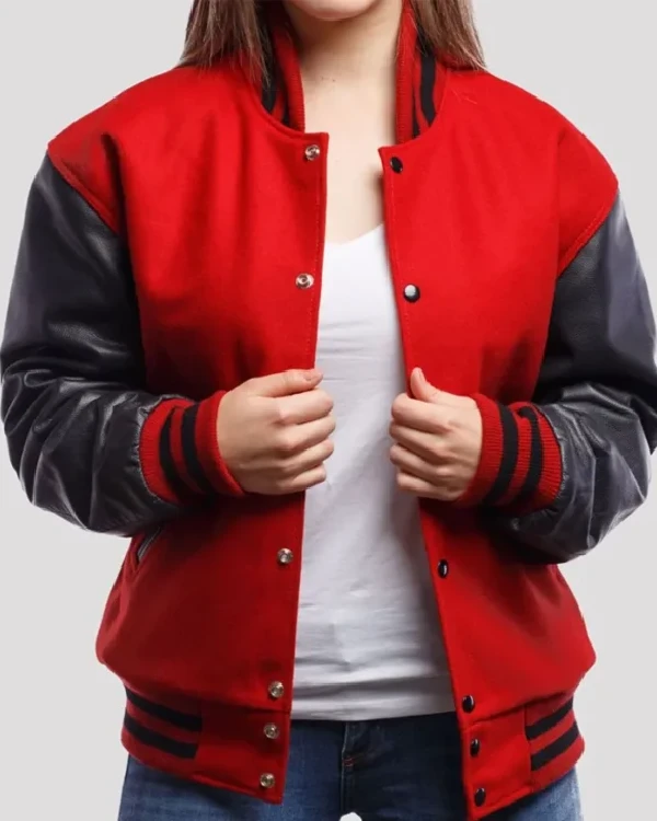 Stylish Stacie Red & Black Letterman Leather Sleeves Jacket