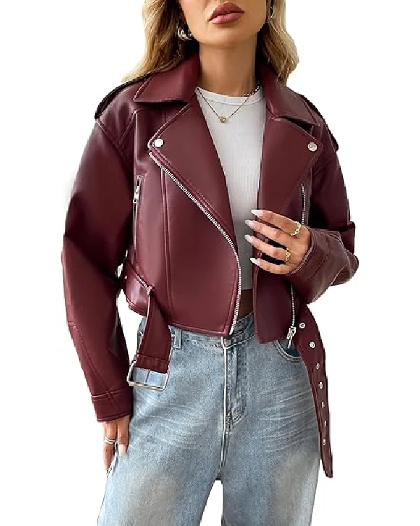 Women Asymmetrical Maroon Cropped Leather Jacket