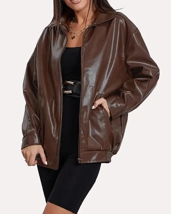 Women Brown Faux Leather Oversized Bomber Jacket