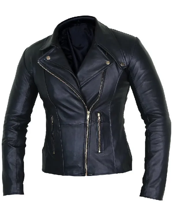 Women Elegant Style Black Crop Leather Biker Jacket
