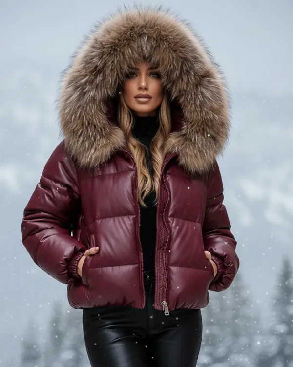 Women Fur Lined Winter Faux Leather Hooded Removable Bomber Jacket